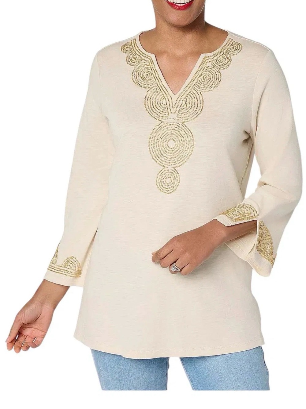 Bellisima by Kim Gravel Slub Knit Tunic Boutique Gold Beaded 2XP Sand Bar Gold